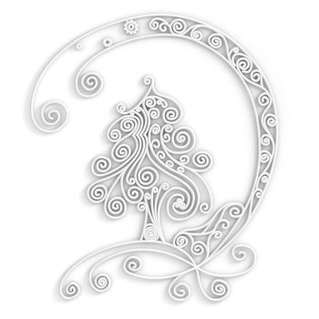 Ornamental design of christmas tree in white color, 3d quilling artwork