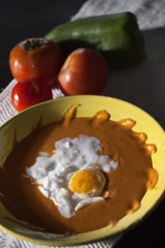 Real food photographed on location in traditional portuguese restaurants, tomato soup with poached egg, Alentejo, Portugal