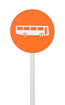 orange bus stop sign on post pole (isolated on white background)