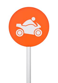 orange motorbike sign on post pole (isolated on white background)