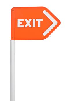 directional orange exit sign on post pole (isolated on white background)