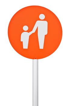 orange parent and child parking sign on post pole (isolated on white background)