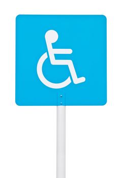 blue square handicap sign with wheelchair on post pole (isolated on white background)