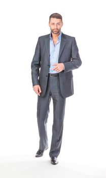 Full length portrait businessman, over white background