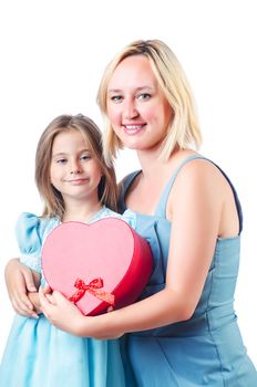 Happy mom and daughter on white