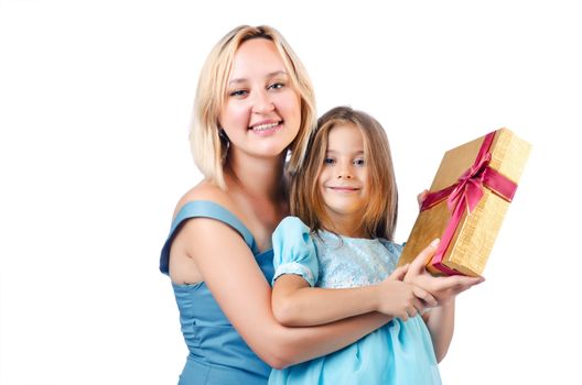 Happy mom and daughter on white