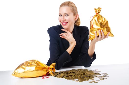 Woman with coins and golden sacks