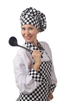 Young woman cook isolated on white