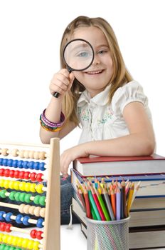 Girl with books and abacus