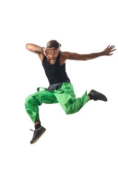 Construction worker jumping and dancing