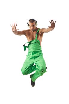 Construction worker jumping and dancing