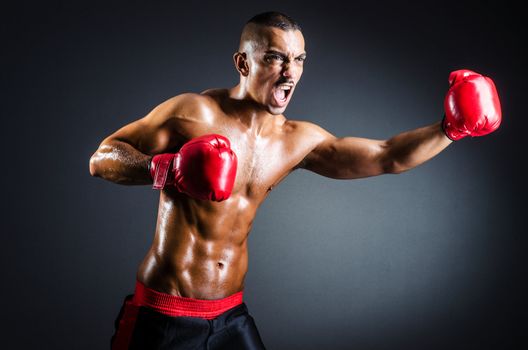 Boxer with red gloves in dark room