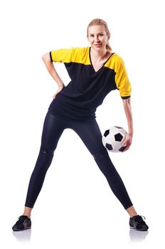 Woman playing football on white