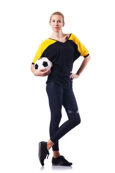 Woman playing football on white