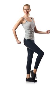 Woman doing exercises on white