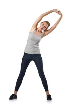 Woman doing exercises on white