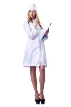 Young woman doctor on white