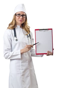Woman doctor isolated on white