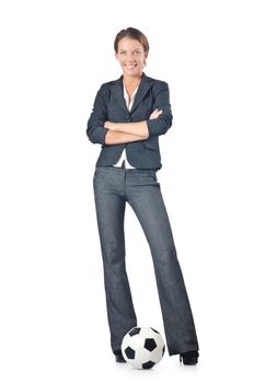 Businesswoman with football on white