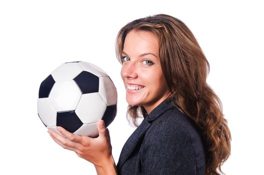 Businesswoman with football on white