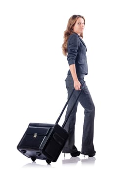 Businesswoman with suitcase on white