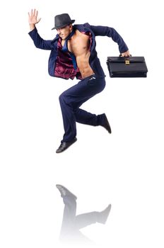Naked businessman jumping on white