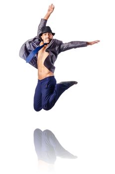 Naked businessman jumping on white