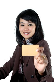 young businesswoman showing a blank card name isolated on white background