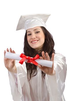 Happy graduate on white background
