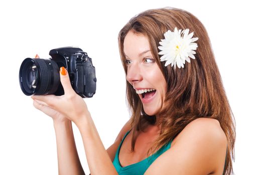 Attractive female photographer on white