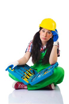 Woman with toolkit on white