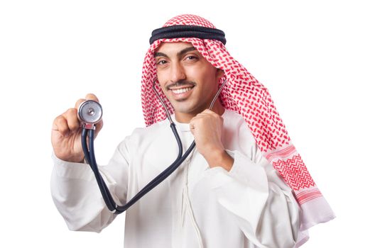 Arab doctor with stethoscope on white