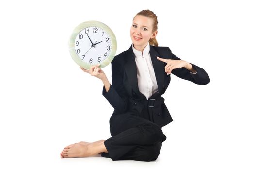 Woman with clock on white