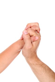 Hand shake of the child and father isolated on a white