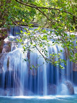 Emerald color water in tier second of Erawan waterfall, Erawan National Park, Kanchanaburi, Thailand