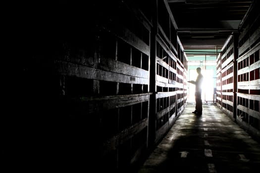 silhouette in a subway tunnel. Light at End of Tunnel