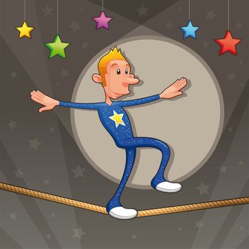 Funny equilibrist is walking on the tightrope. Cartoon and vector illustration. Funny equilibrist is walking on the tightrope. Cartoon and vector illustration.
