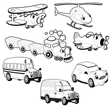 Funny vehicles in outline. Cartoon and vector isolated objects Funny vehicles in outline. Cartoon and vector isolated objects

