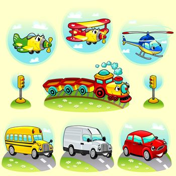 Funny vehicles with background. Cartoon and vector illustration. Funny vehicles with background. Cartoon and vector illustration.