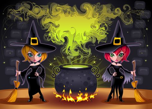 Funny witches with pot. Cartoon and vector illustration. Proportions in A3 - A4 - 50x70 Funny witches with pot. Cartoon and vector illustration. Proportions in A3 - A4 - 50x70