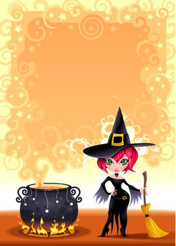 Funny witch with pot. Cartoon and vector illustration. Proportions in A3 - A4 - 50x70 Funny witch with pot. Cartoon and vector illustration. Proportions in A3 - A4 - 50x70

