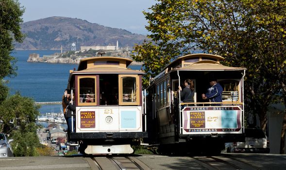 SAN FRANCISCO - NOVEMBER 2012: The Cable car tram, November 2nd, 2012 in San Francisco, USA. The San Francisco cable car system is world last permanently manually operated cable car system.