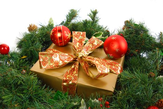 pezent under a Christmas tree on a white background