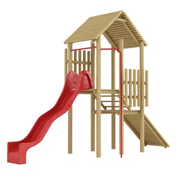 Wooden frame with steps and a ramp leading to a colourful red slide for use in a childs playground isolated on white