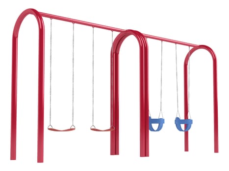 Childrens swings on a red metal tubular frame with two different seat types isolated on white