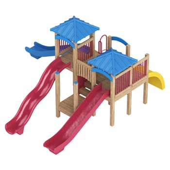 Chilrens wooden playground equipment with covered platforms and three slides isolated on a white background