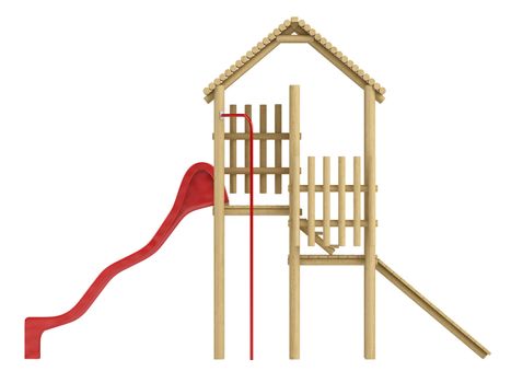 Wooden frame with steps and a ramp leading to a colourful red slide for use in a childs playground isolated on white