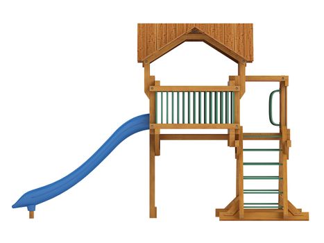 Covered wooden platform and slide with ladders for kids to scramble up while playing in a playground isolated on a white background