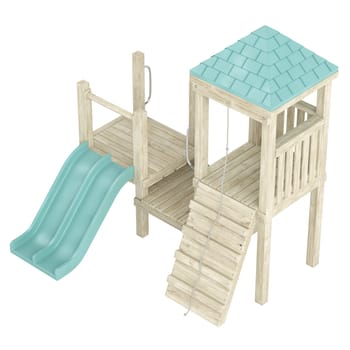 Wooden playground structure with climbing ramp, rope and slides for the amusement of children isolated on a white background