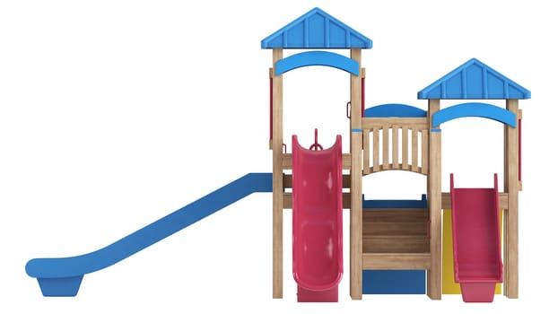 Chilrens wooden playground equipment with covered platforms and three slides isolated on a white background